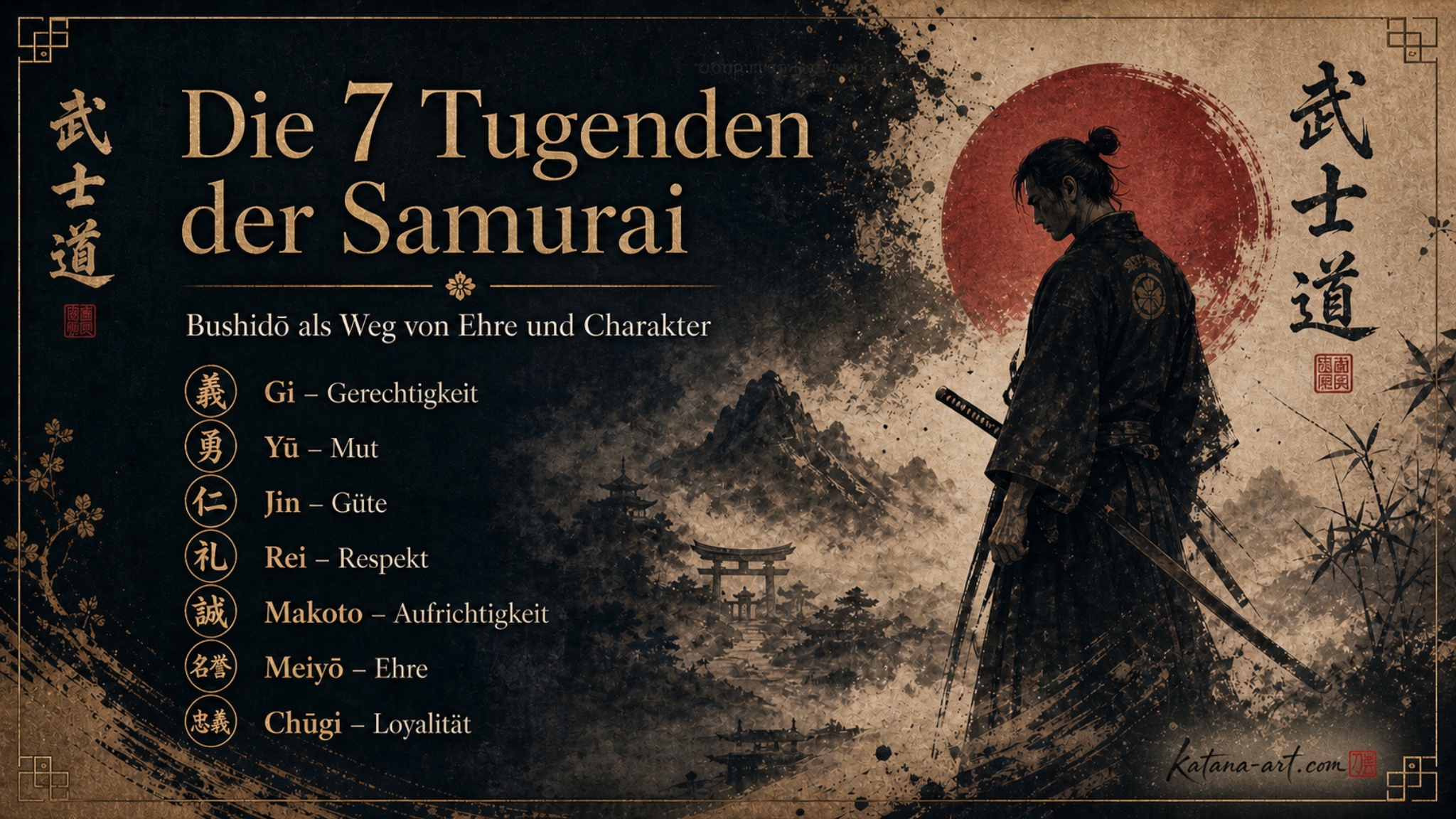 Die sieben Tugenden der Samurai: Gerechtigkeit, Mut, Güte, Respekt, Aufrichtigkeit, Ehre und Loyalität