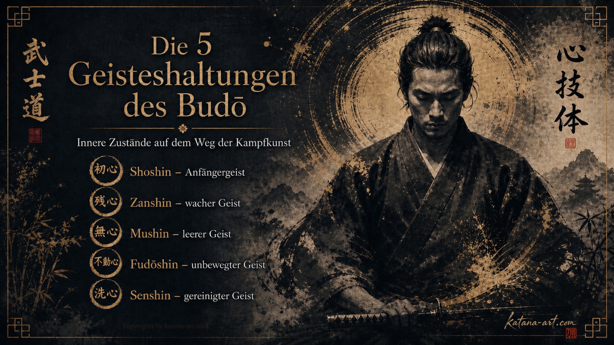 Die fünf Geisteshaltungen des Budō: Shoshin, Zanshin, Mushin, Fudōshin und Senshin