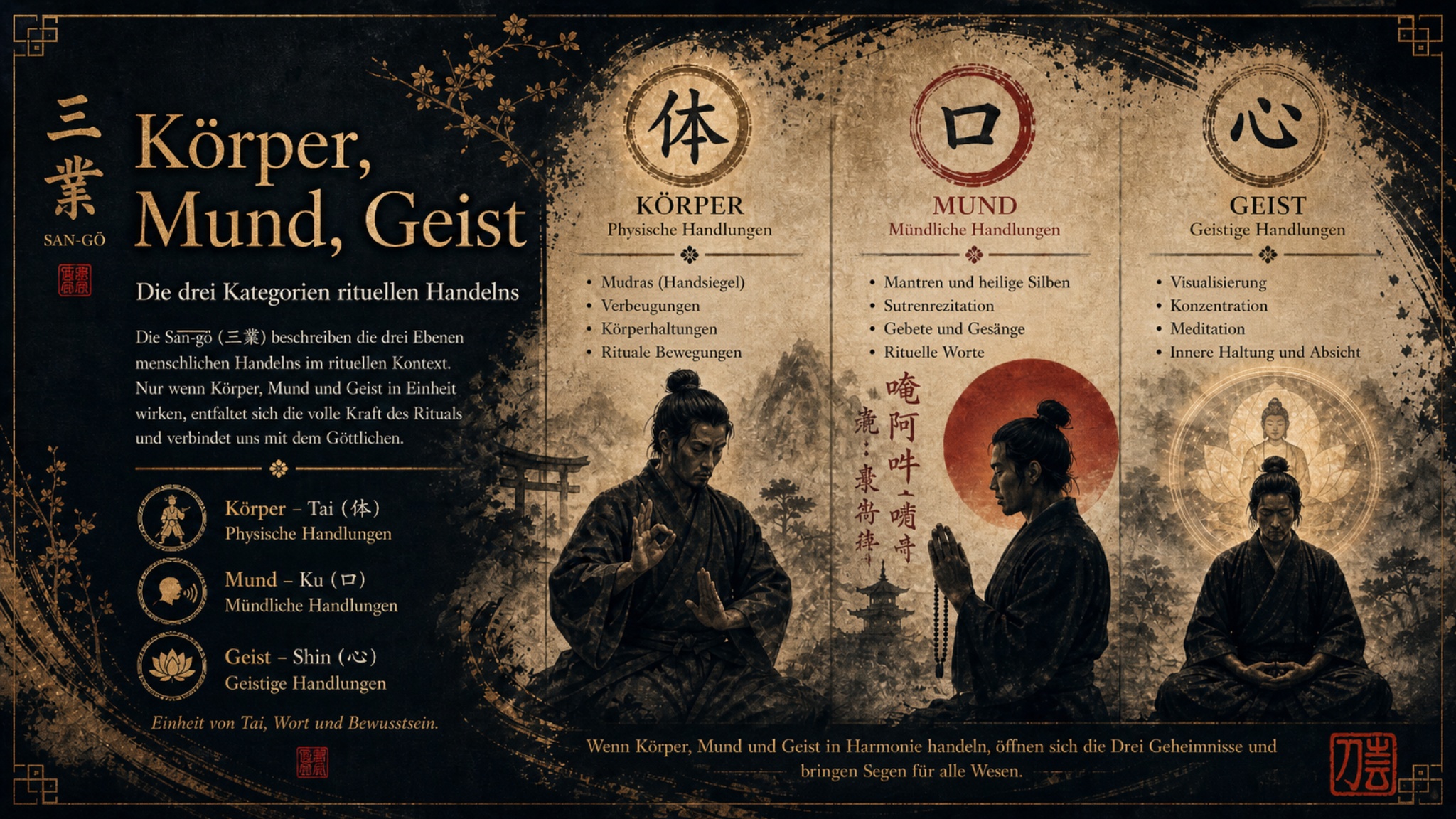 Körper, Mund und Geist: die drei Kategorien rituellen Handelns